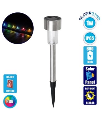 GloboStar® 71522 Αυτόνομο Ηλιακό Φωτιστικό LED SMD 1W 90lm με Ενσωματωμένη Μπαταρία 600mAh - Φωτοβολταϊκό Πάνελ με Αισθητήρα Ημέρας-Νύχτας Αδιάβροχο IP65 Φανάρι Κήπου Στρογγυλό Πολύχρωμο RGB